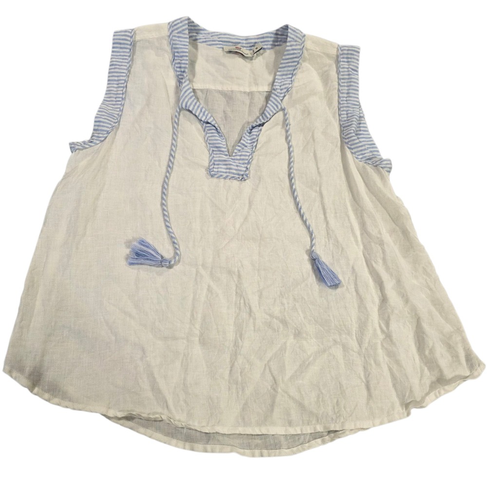 Vineyard Vines Tank Top Womens White M Striped Linen V Neck Woven Fringe Summer